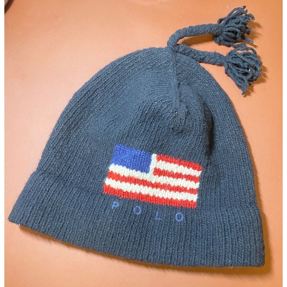Vtg POLO RALPH LAUREN Wool Knit Beanie Hat FLAG Tassels Black Adult One Size
